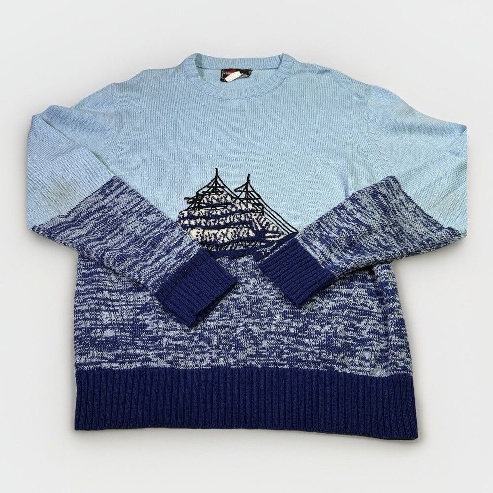 Vintage Youngloods Sailboat Knit Sweater Blue Nautical Crewneck Medium